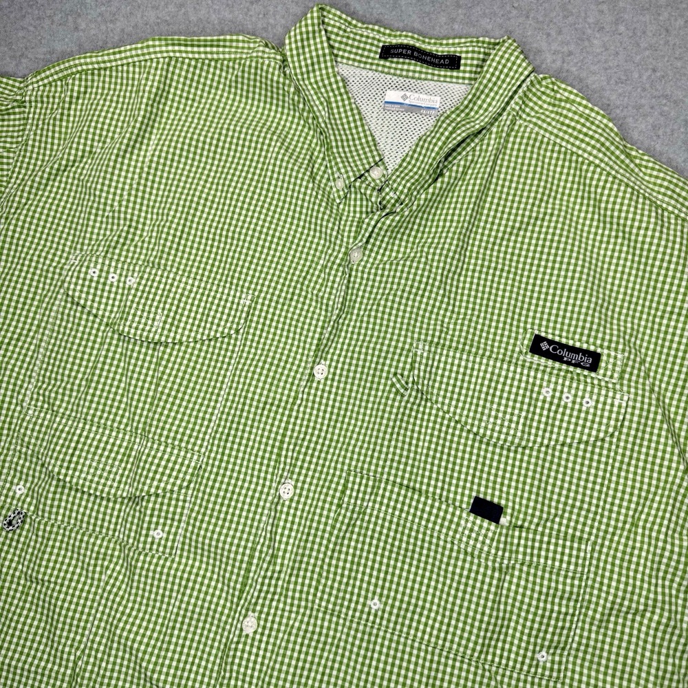 Columbia PFG Super Bonehead Fishing Shirt Mens 4X Green Gingham Short Sleeve